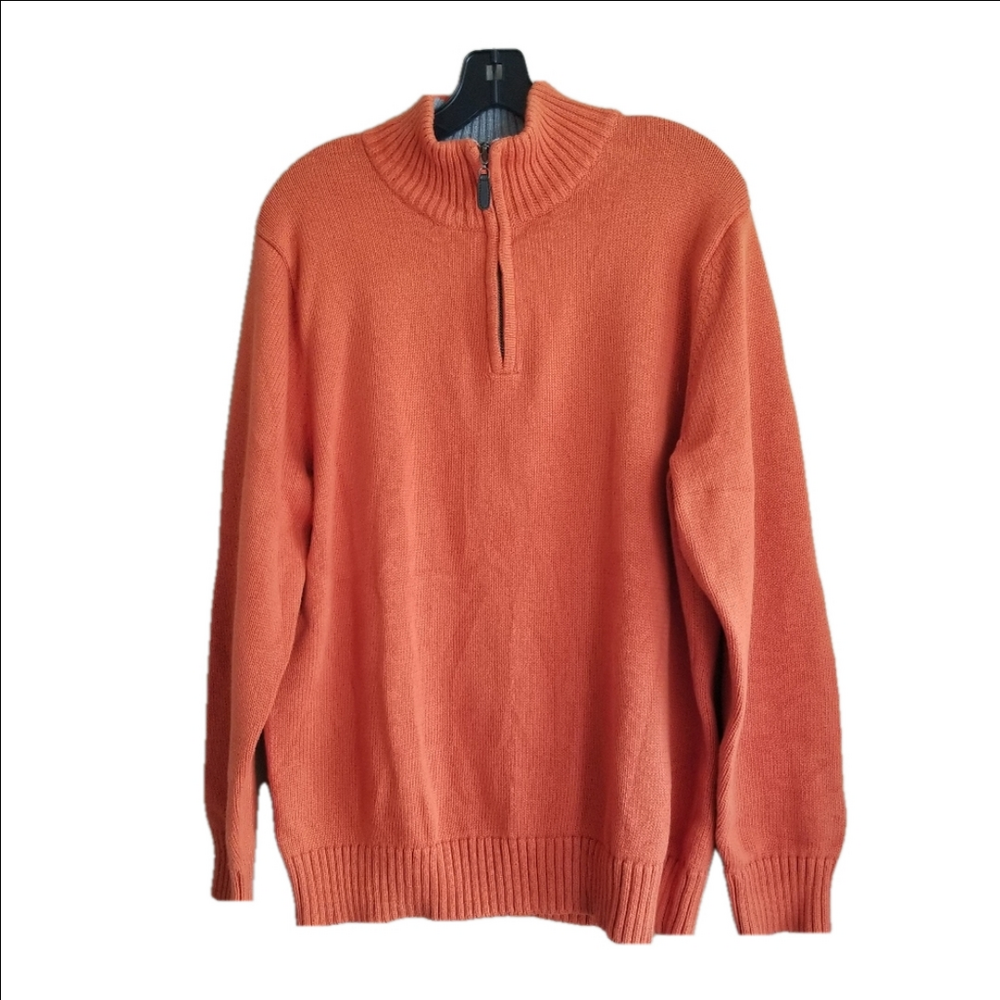 L.L. Bean Cotton Knit Pullover Quarter Zip Orange Outdoorsy Sweater Size Large R